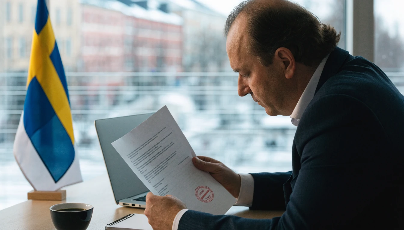 Mies tarkastelee virallista lisenssidokumenttia suomalaisessa toimistossa