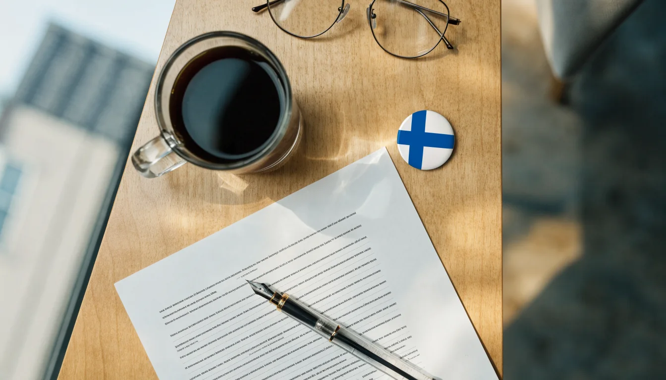 Käyttöehdot-dokumentti suomalaisella työpöydällä kahvikupin ja lipun kanssa